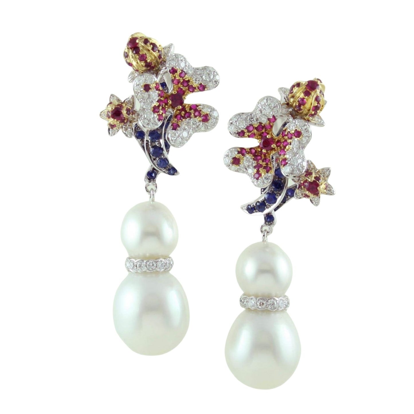 Pearl, Ruby, Sapphire and Diamond Earrings