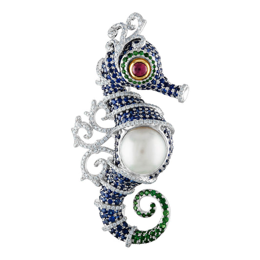 Pearl, Sapphire, Tsavorite and Diamond Brooch