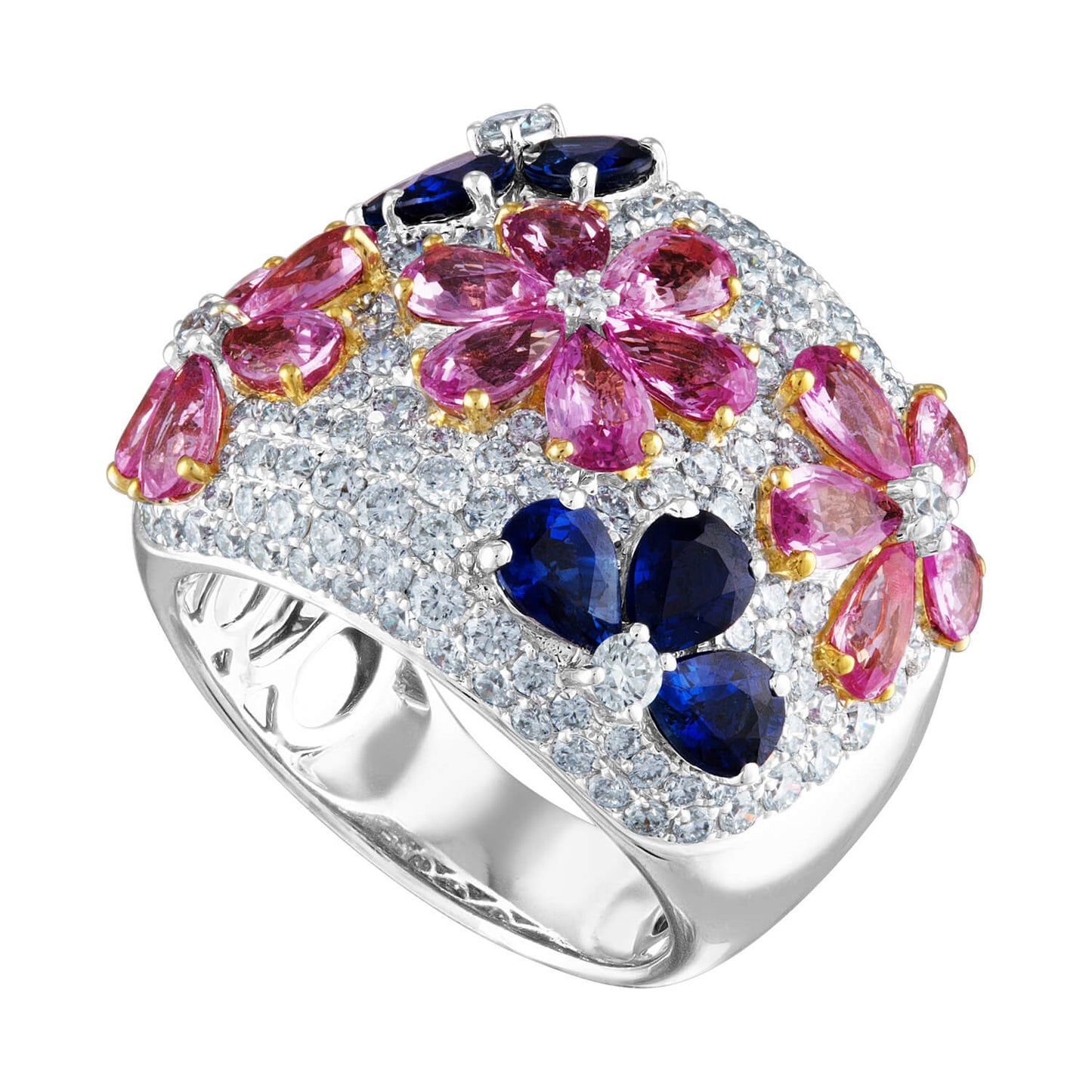 Blue Sapphire, Pink Sapphire and Diamond ring